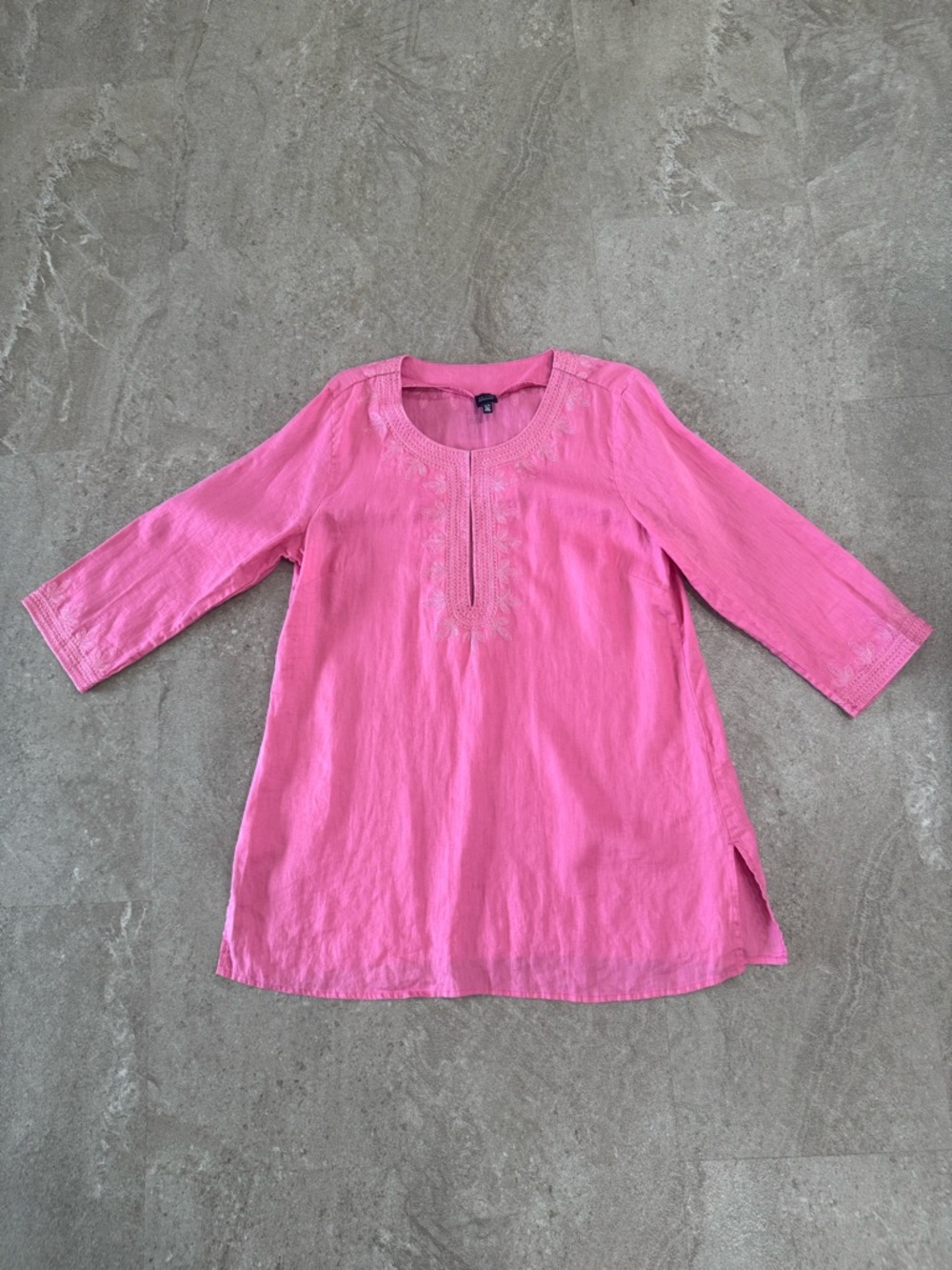 Saks Fifth Avenue BLUE Linen Tunic Top XL Pink Embroidered Swim Beach Cover Up